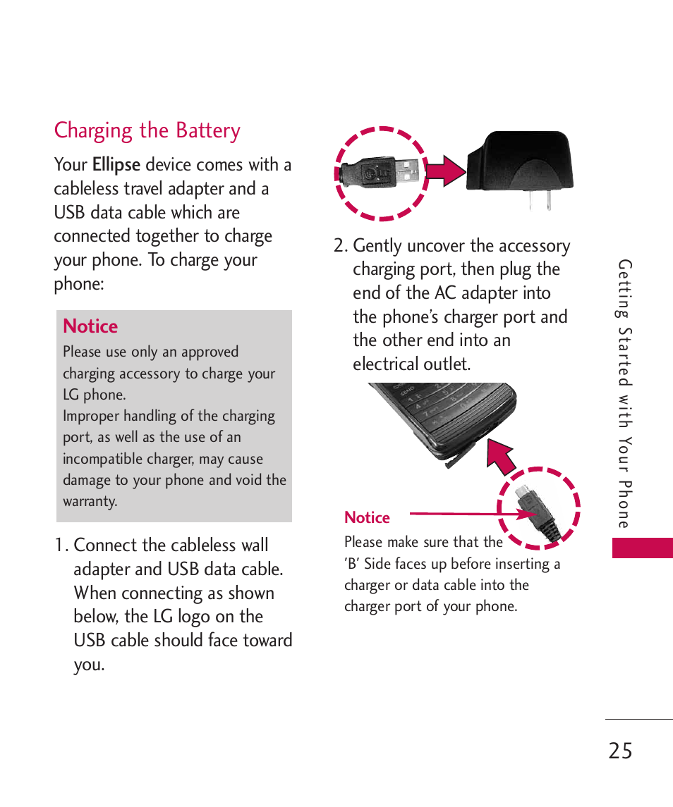 Charging the battery | LG ELLIPSE 9250  ES User Manual | Page 27 / 351