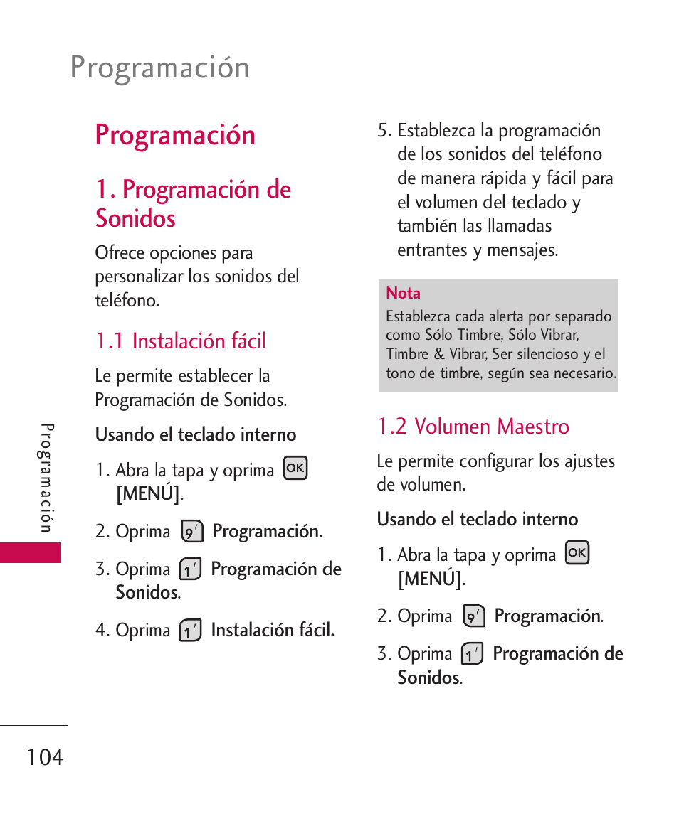 Programación, Programación de sonidos, 1 instalación fácil | 2 volumen maestro | LG ELLIPSE 9250  ES User Manual | Page 272 / 351