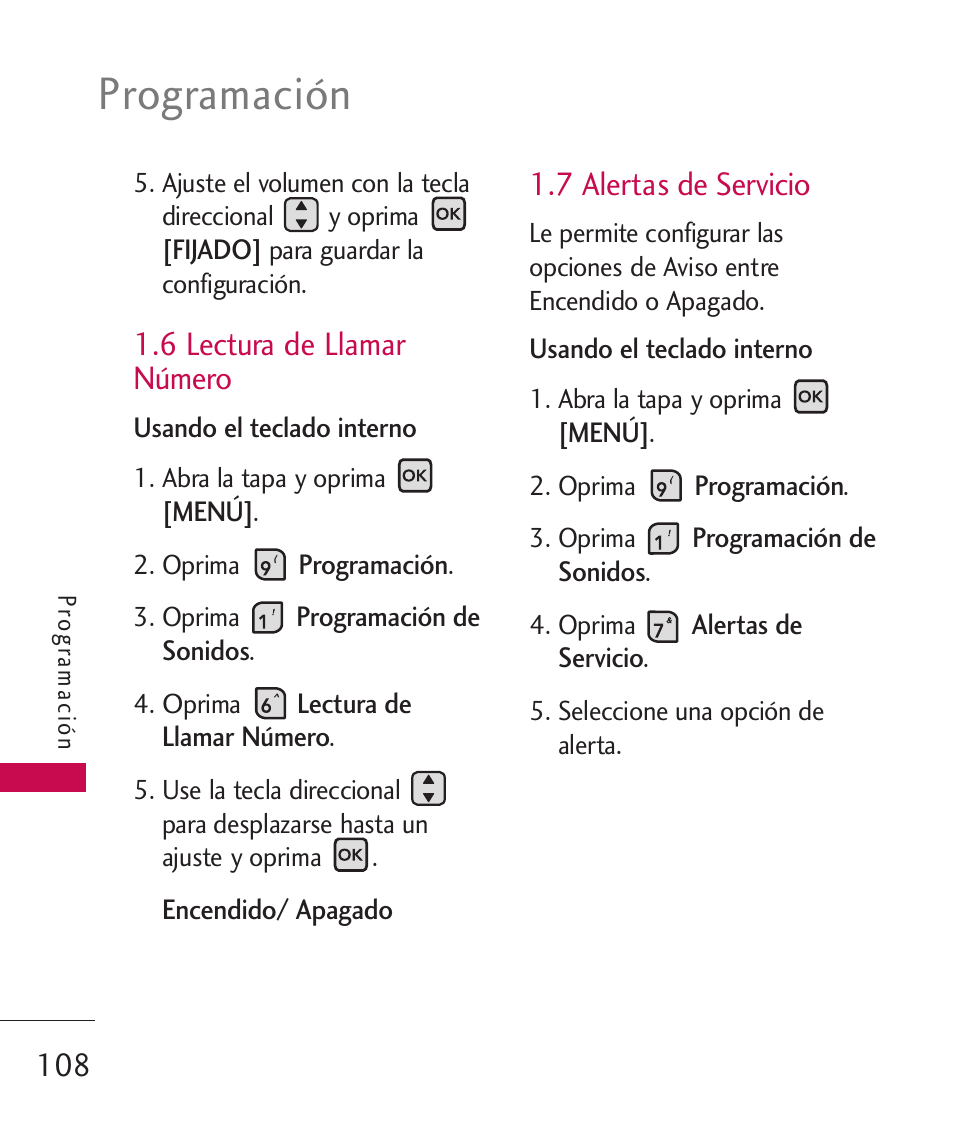 Programación, 6 lectura de llamar número, 7 alertas de servicio | LG ELLIPSE 9250  ES User Manual | Page 276 / 351