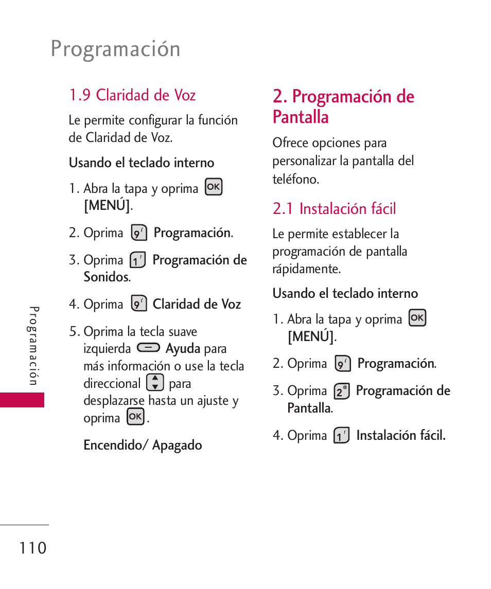 Programación, Programación de pantalla, 9 claridad de voz | 1 instalación fácil | LG ELLIPSE 9250  ES User Manual | Page 278 / 351