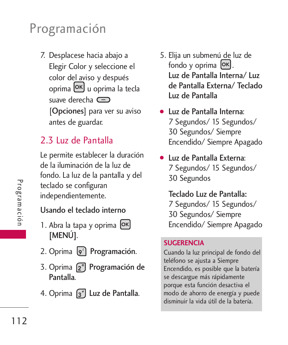 Programación, 3 luz de pantalla | LG ELLIPSE 9250  ES User Manual | Page 280 / 351