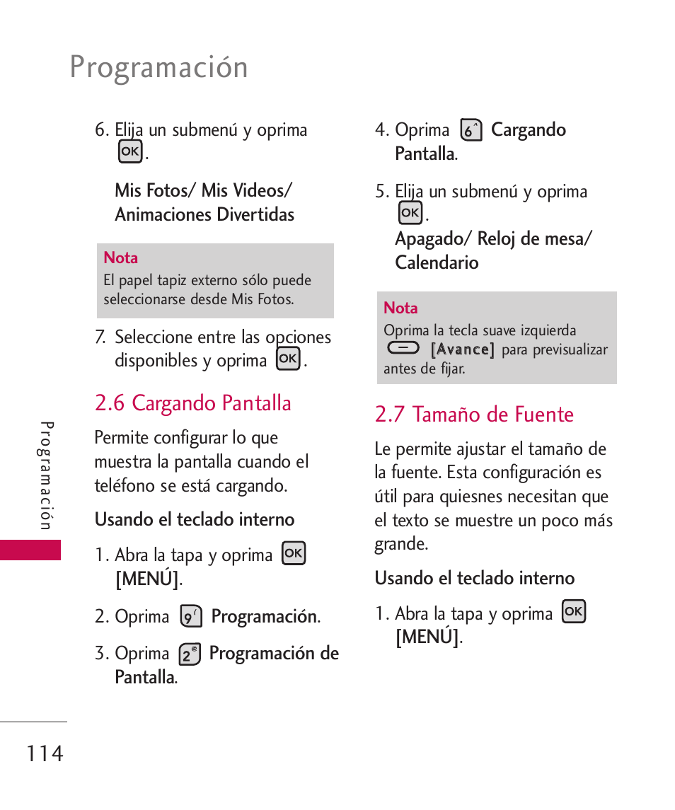 Programación, 6 cargando pantalla, 7 tamaño de fuente | LG ELLIPSE 9250  ES User Manual | Page 282 / 351