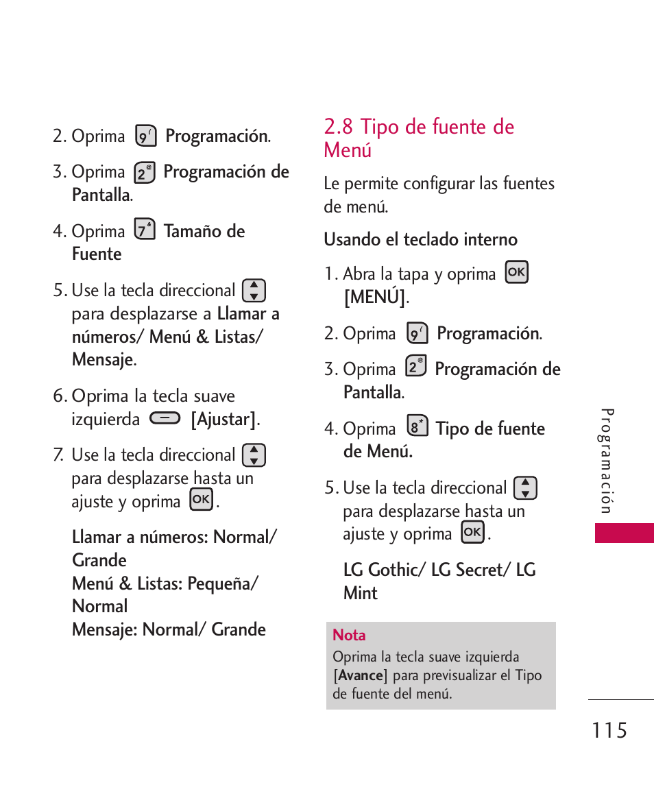8 tipo de fuente de menú | LG ELLIPSE 9250  ES User Manual | Page 283 / 351