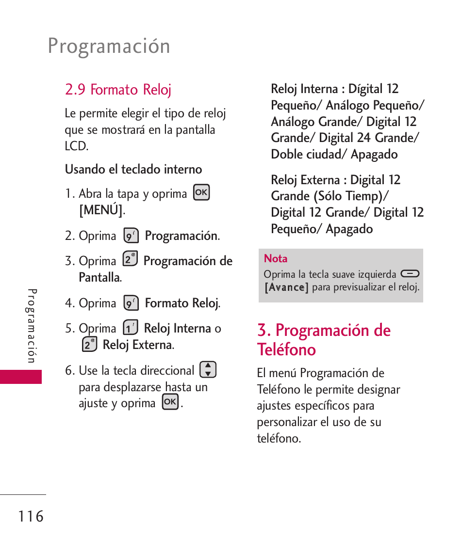 Programación, Programación de teléfono, 9 formato reloj | LG ELLIPSE 9250  ES User Manual | Page 284 / 351