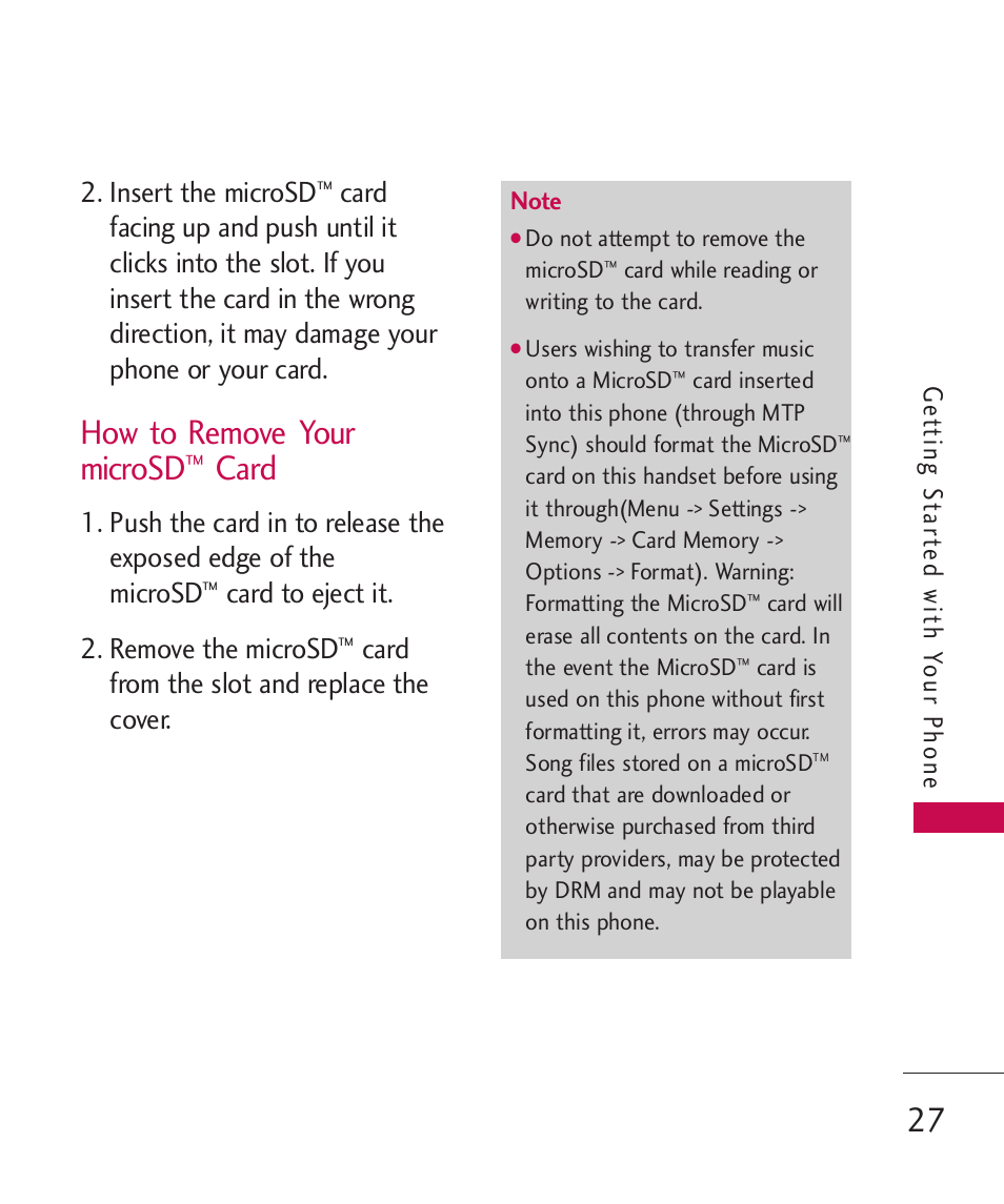 How to remove your microsd, Card, Insert the microsd | Card to eject it. 2. remove the microsd, Card from the slot and replace the cover, Ge tt ing s ta rt ed with y o ur phone | LG ELLIPSE 9250  ES User Manual | Page 29 / 351