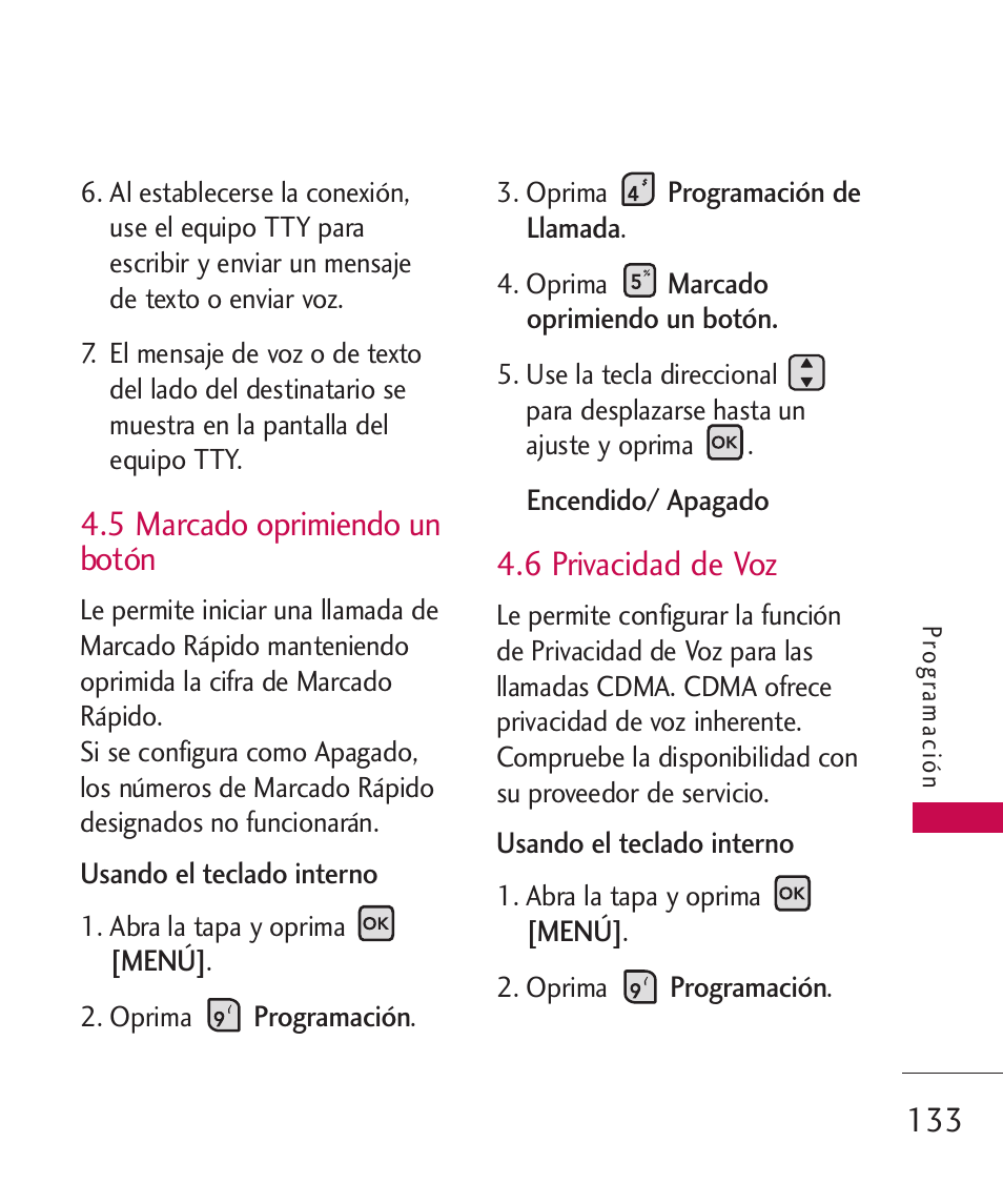 5 marcado oprimiendo un botón, 6 privacidad de voz | LG ELLIPSE 9250  ES User Manual | Page 301 / 351