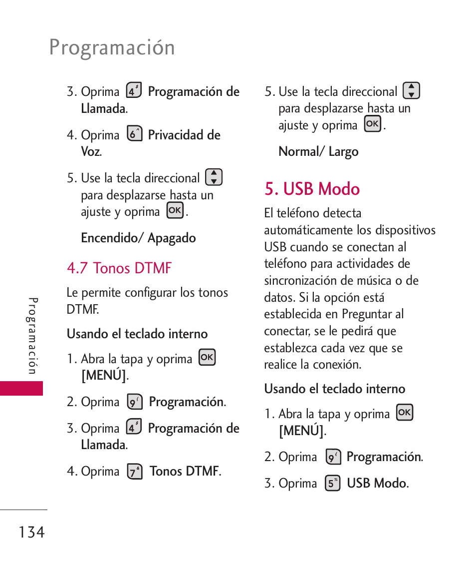 Programación, Usb modo, 7 tonos dtmf | LG ELLIPSE 9250  ES User Manual | Page 302 / 351