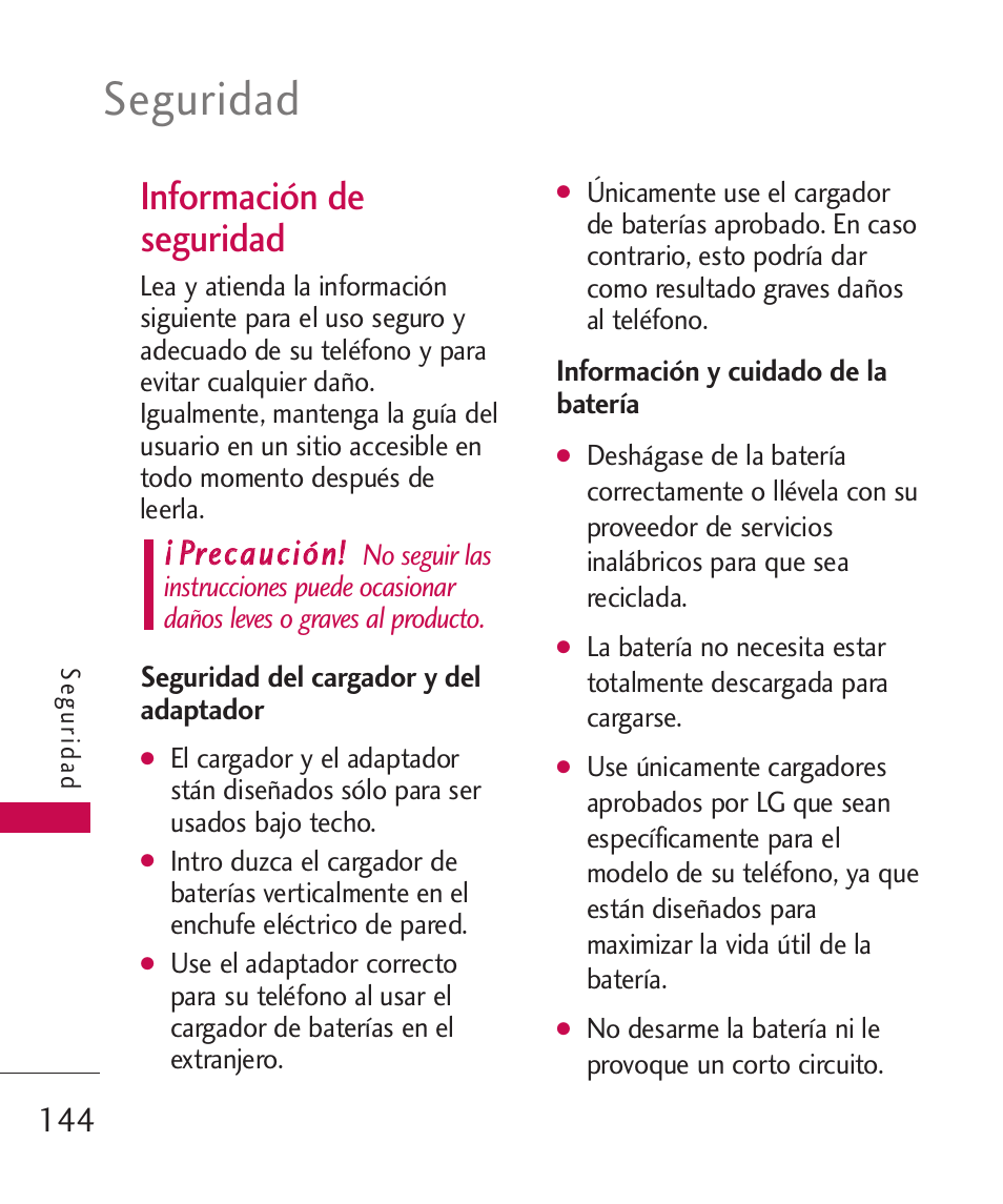 Seguridad, Información de seguridad, Pprreeccaauucciióónn | LG ELLIPSE 9250  ES User Manual | Page 312 / 351