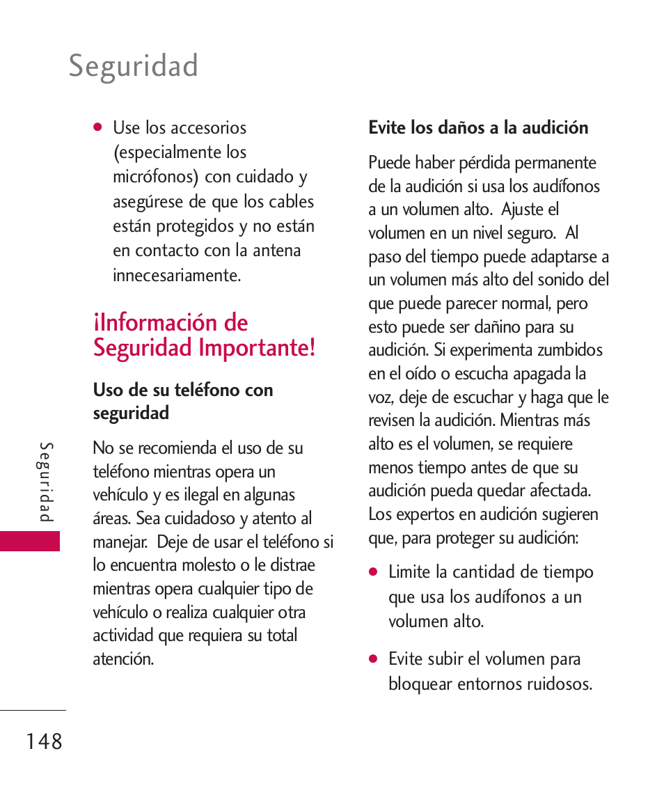 Seguridad, Información de seguridad importante | LG ELLIPSE 9250  ES User Manual | Page 316 / 351