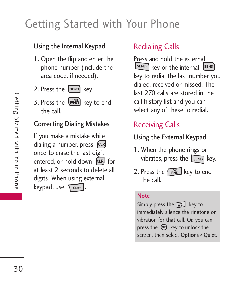 Getting started with your phone, Redialing calls, Receiving calls | LG ELLIPSE 9250  ES User Manual | Page 32 / 351