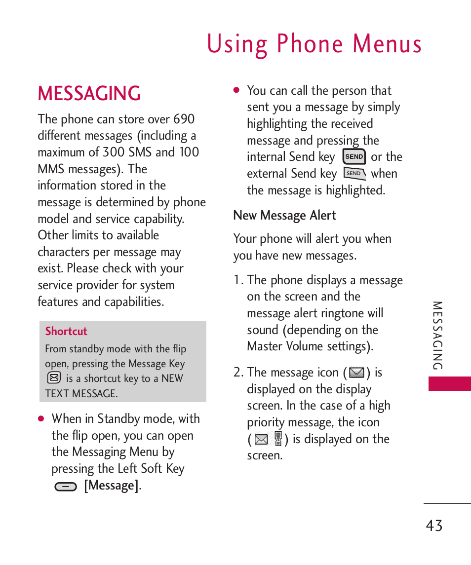 Using phone menus, Messaging | LG ELLIPSE 9250  ES User Manual | Page 45 / 351