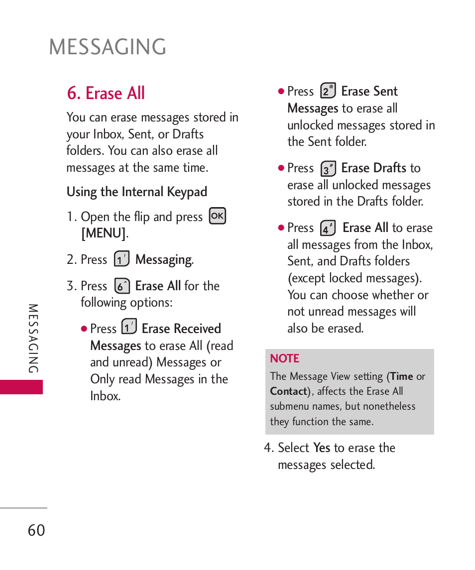 Messaging, Erase all | LG ELLIPSE 9250  ES User Manual | Page 62 / 351