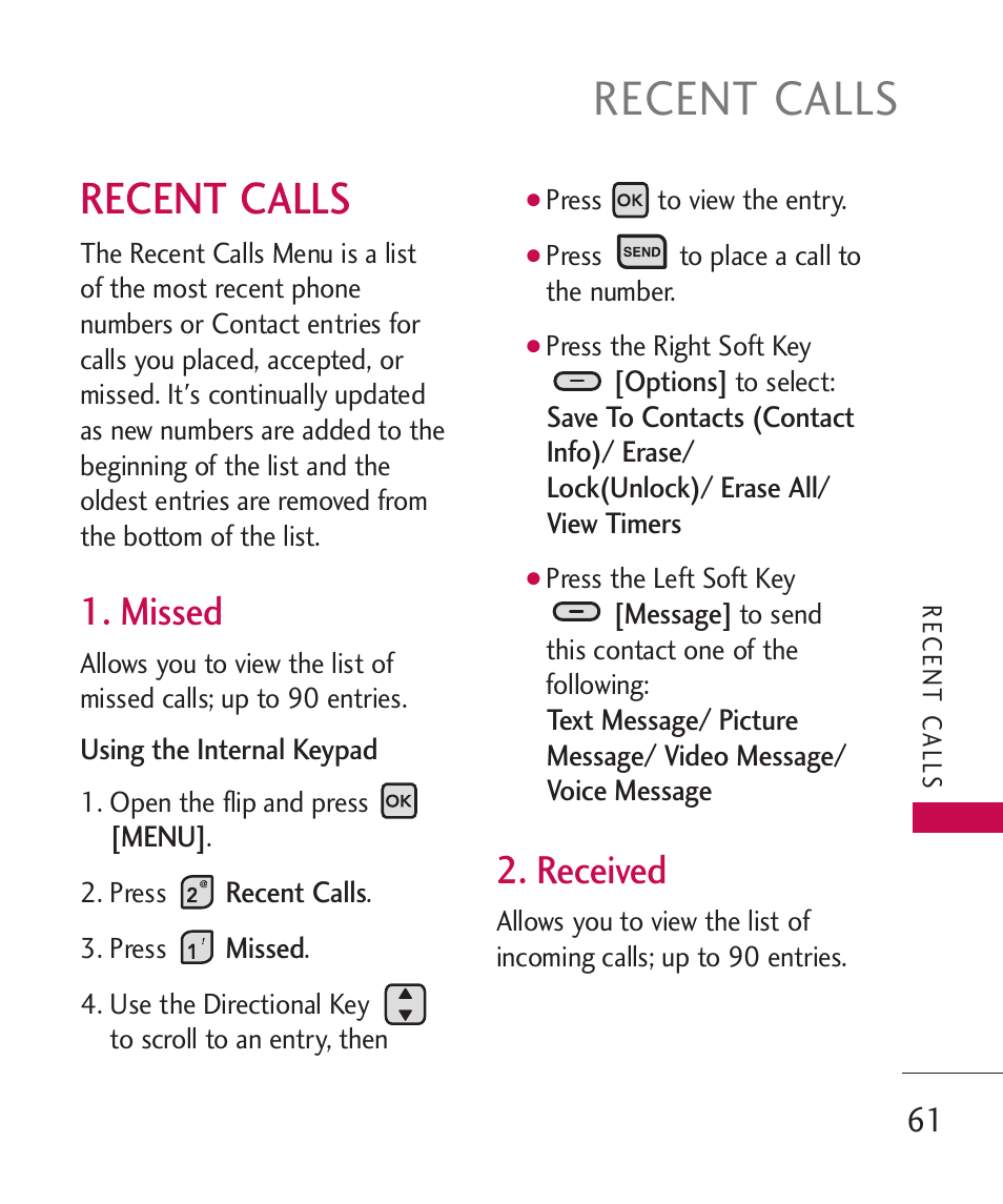 Recent calls, Missed, Received | LG ELLIPSE 9250  ES User Manual | Page 63 / 351