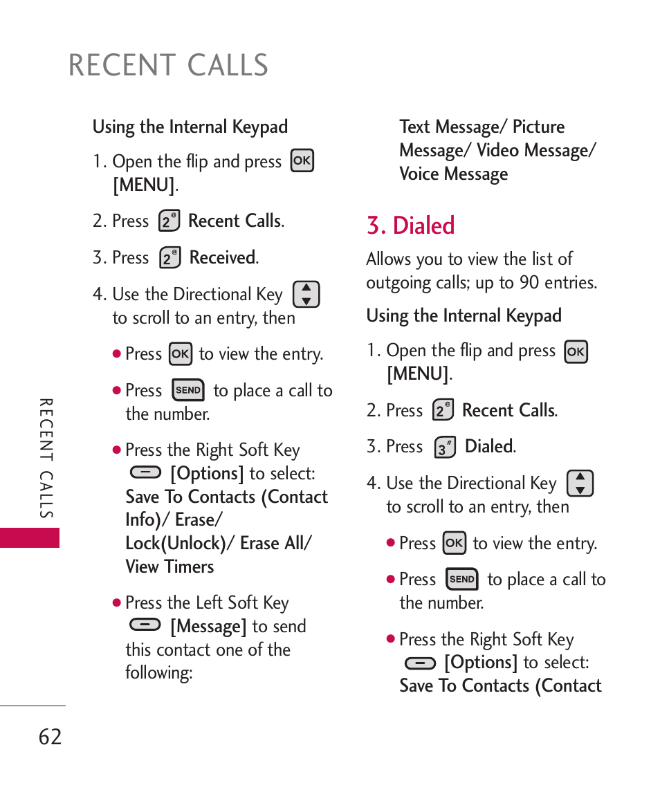 Recent calls, Dialed | LG ELLIPSE 9250  ES User Manual | Page 64 / 351