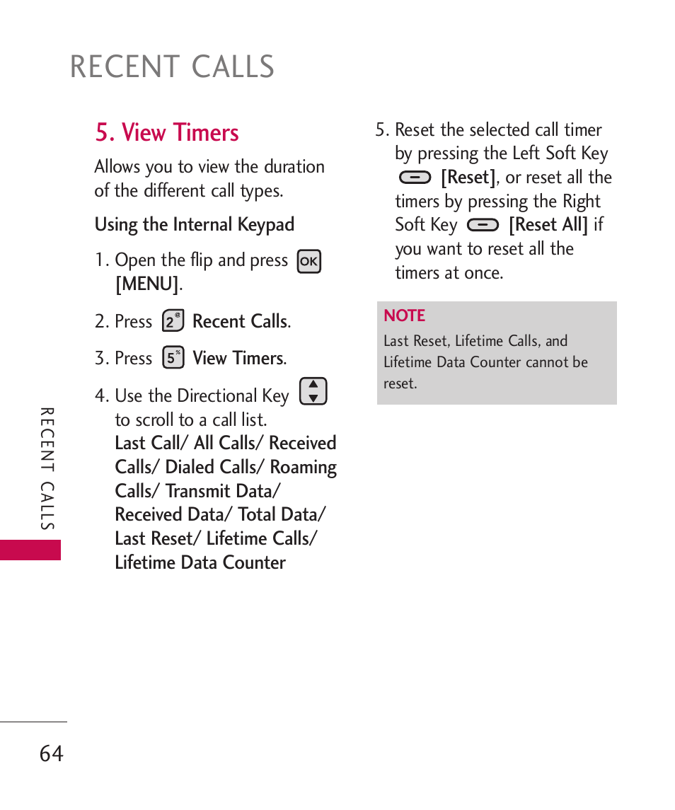 Recent calls, View timers | LG ELLIPSE 9250  ES User Manual | Page 66 / 351