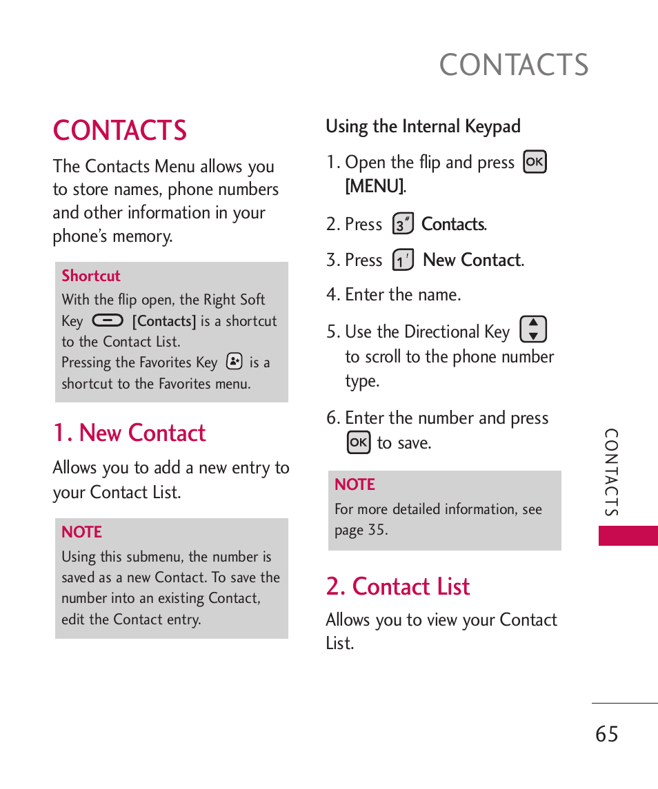 Contacts, New contact, Contact list | LG ELLIPSE 9250  ES User Manual | Page 67 / 351