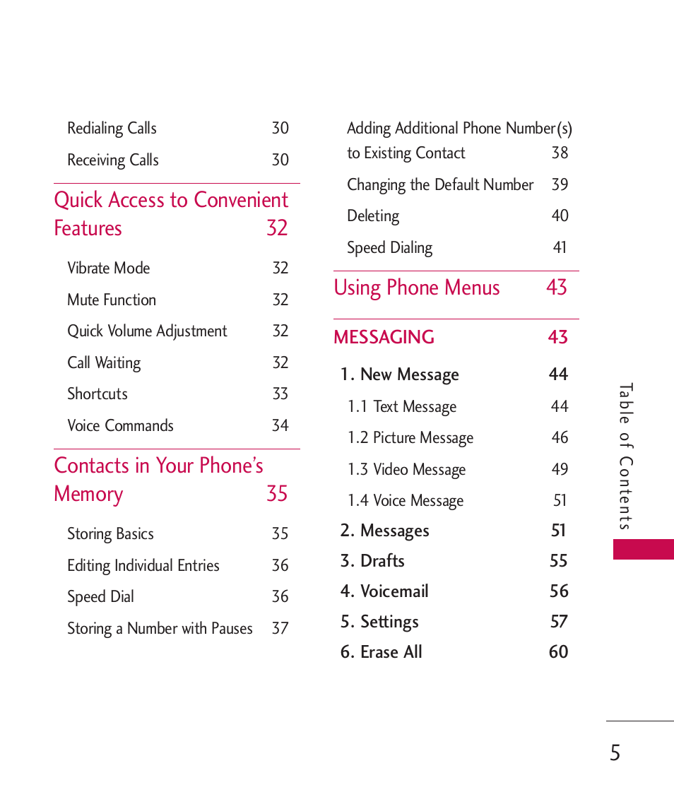 Quick access to convenient features 32, Using phone menus 43 | LG ELLIPSE 9250  ES User Manual | Page 7 / 351