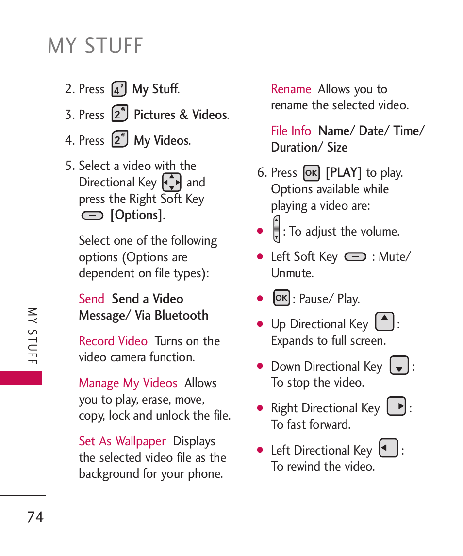 My stuff | LG ELLIPSE 9250  ES User Manual | Page 76 / 351