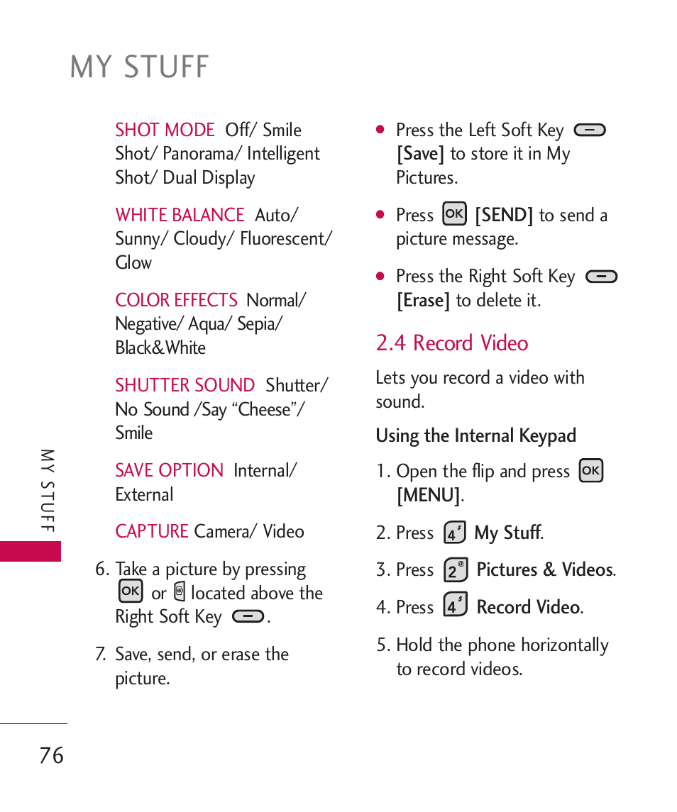 My stuff, 4 record video | LG ELLIPSE 9250  ES User Manual | Page 78 / 351