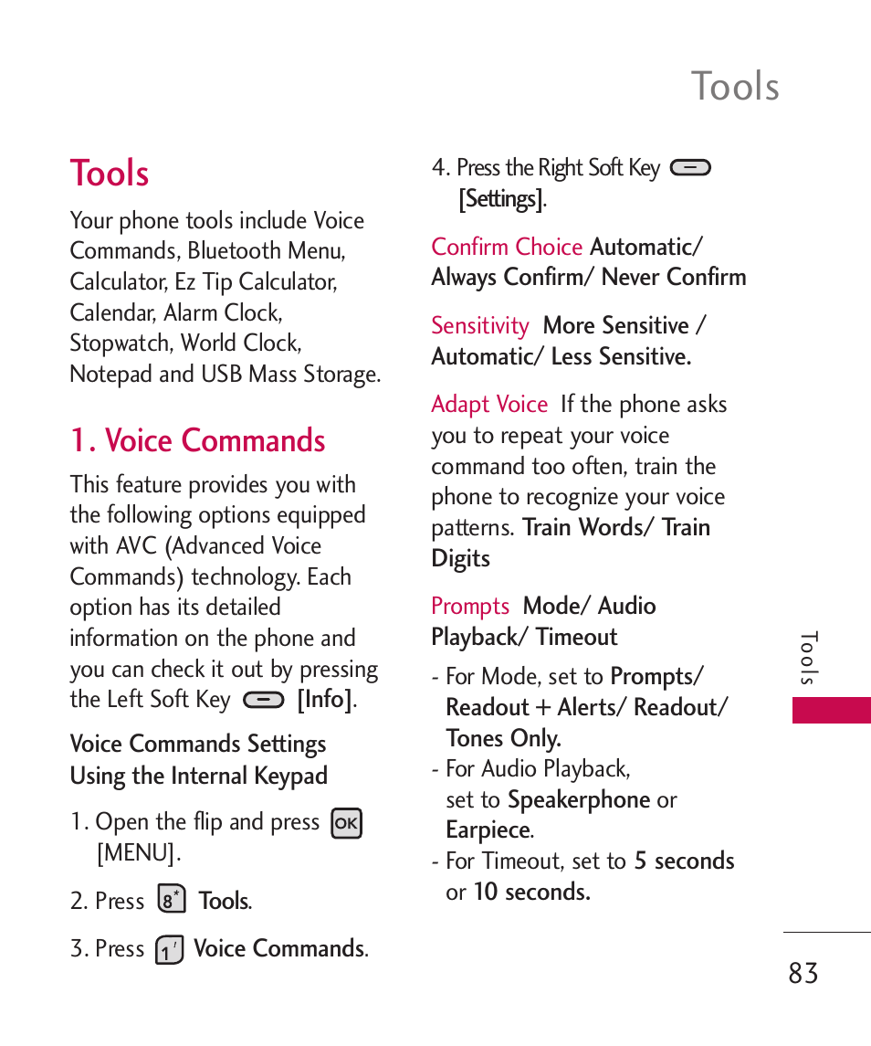 Tools, Voice commands | LG ELLIPSE 9250  ES User Manual | Page 85 / 351