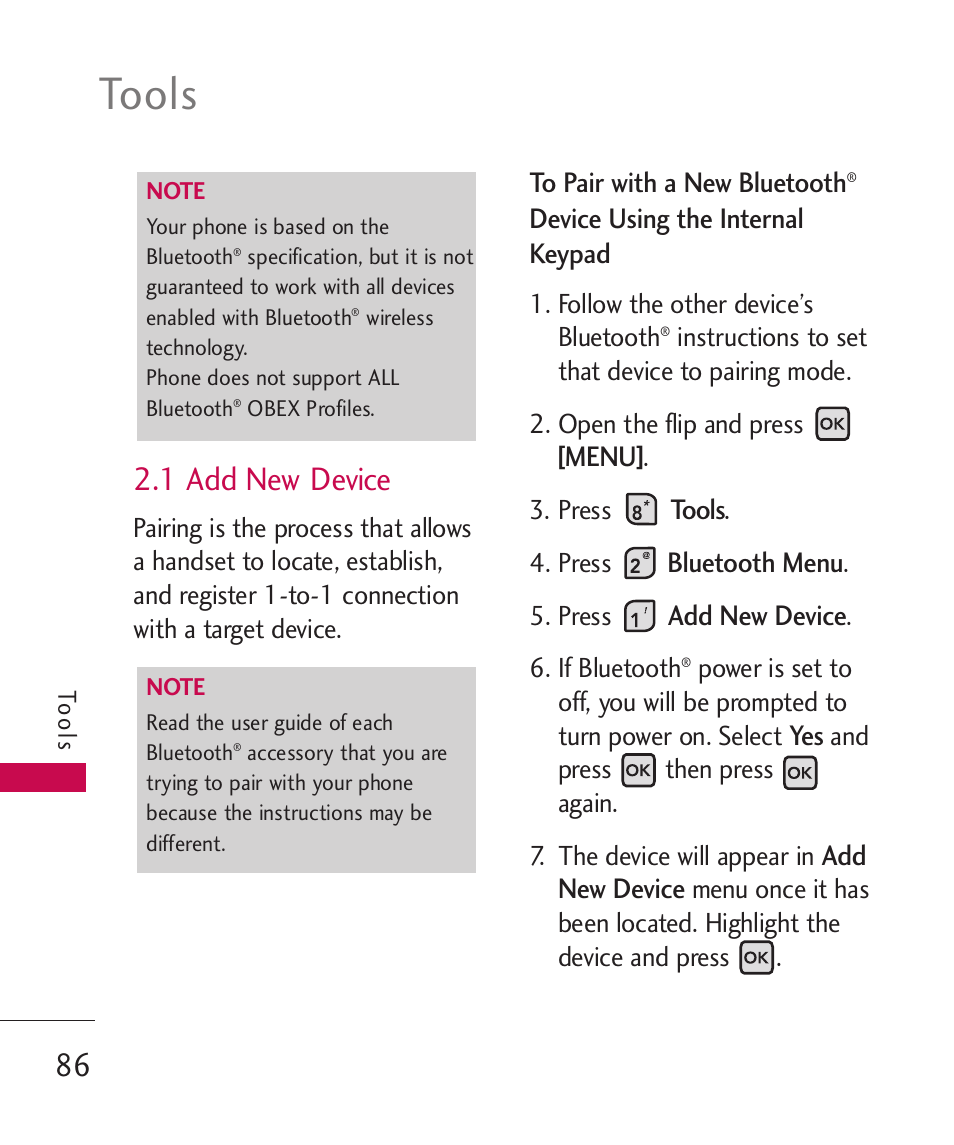 Tools, 1 add new device | LG ELLIPSE 9250  ES User Manual | Page 88 / 351