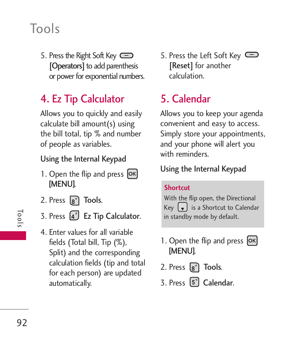 Tools, Ez tip calculator, Calendar | LG ELLIPSE 9250  ES User Manual | Page 94 / 351