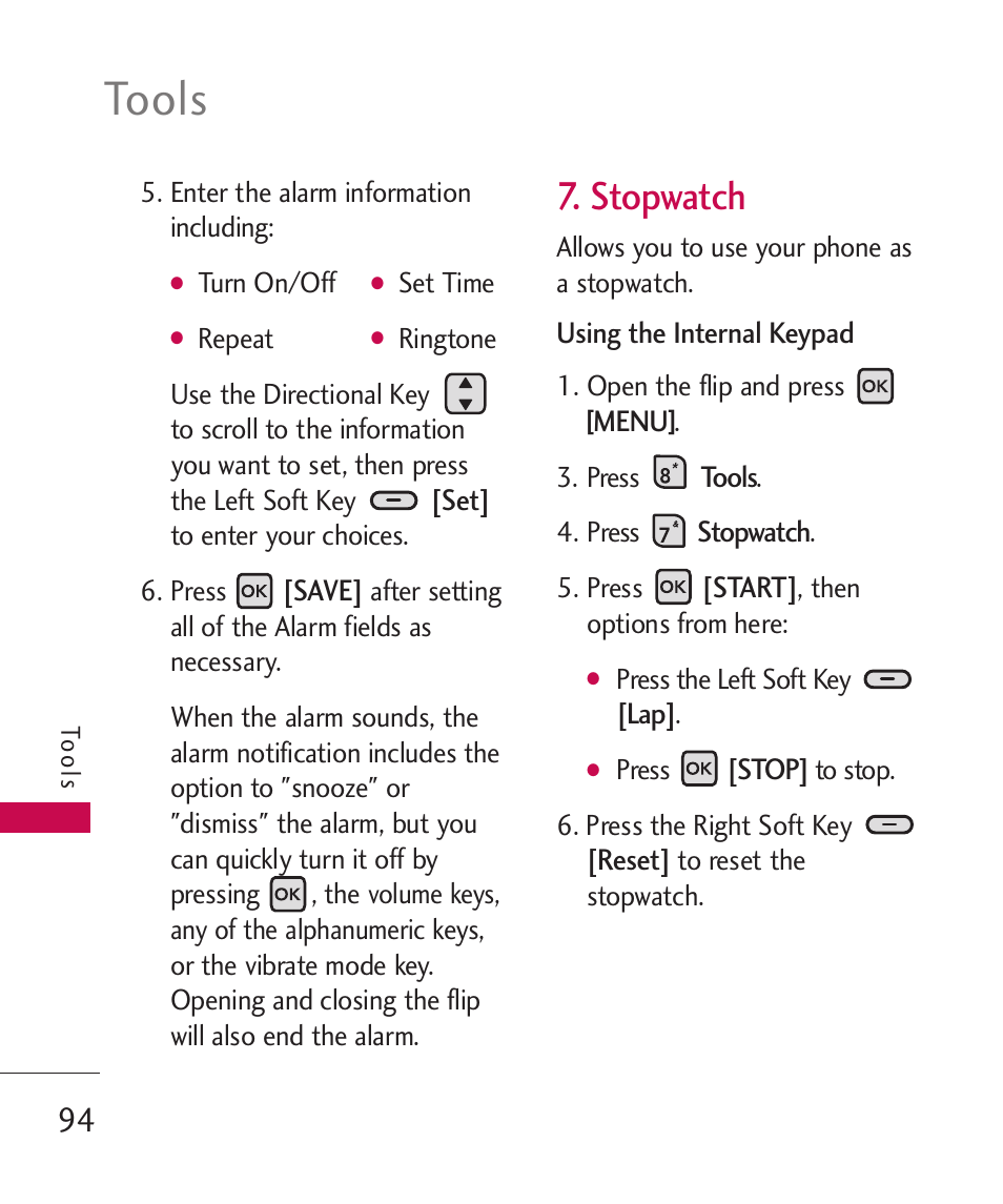 Tools, Stopwatch | LG ELLIPSE 9250  ES User Manual | Page 96 / 351