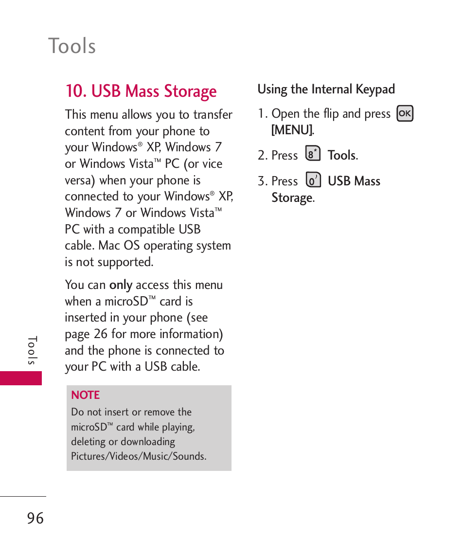 Tools, Usb mass storage | LG ELLIPSE 9250  ES User Manual | Page 98 / 351