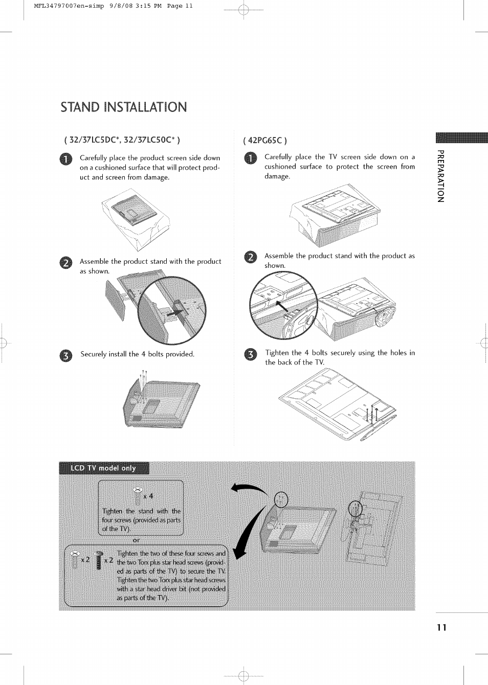 Stand installation | LG 32LCSDC User Manual | Page 11 / 36