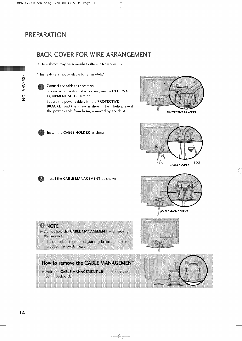 Note, How to remove the cable management, Preparation | Back cover for wire arrangement | LG 32LCSDC User Manual | Page 14 / 36