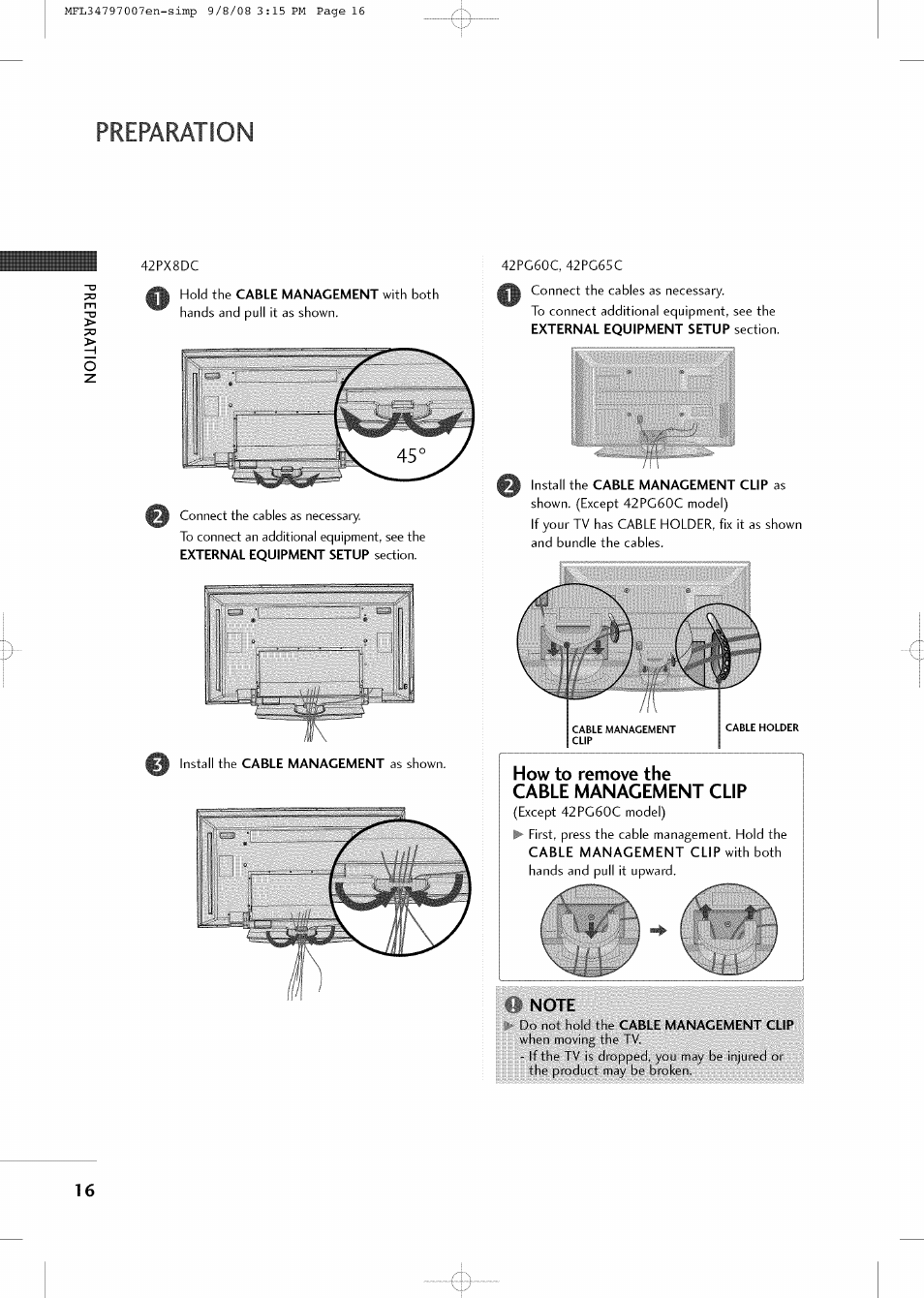 Preparation, How to remove the cable management clip, Note | LG 32LCSDC User Manual | Page 16 / 36