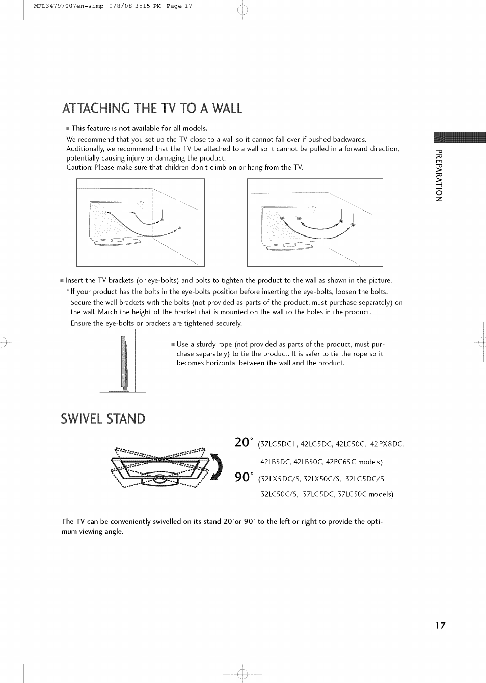 Attaching the tv to a wall, Swivel stand | LG 32LCSDC User Manual | Page 17 / 36