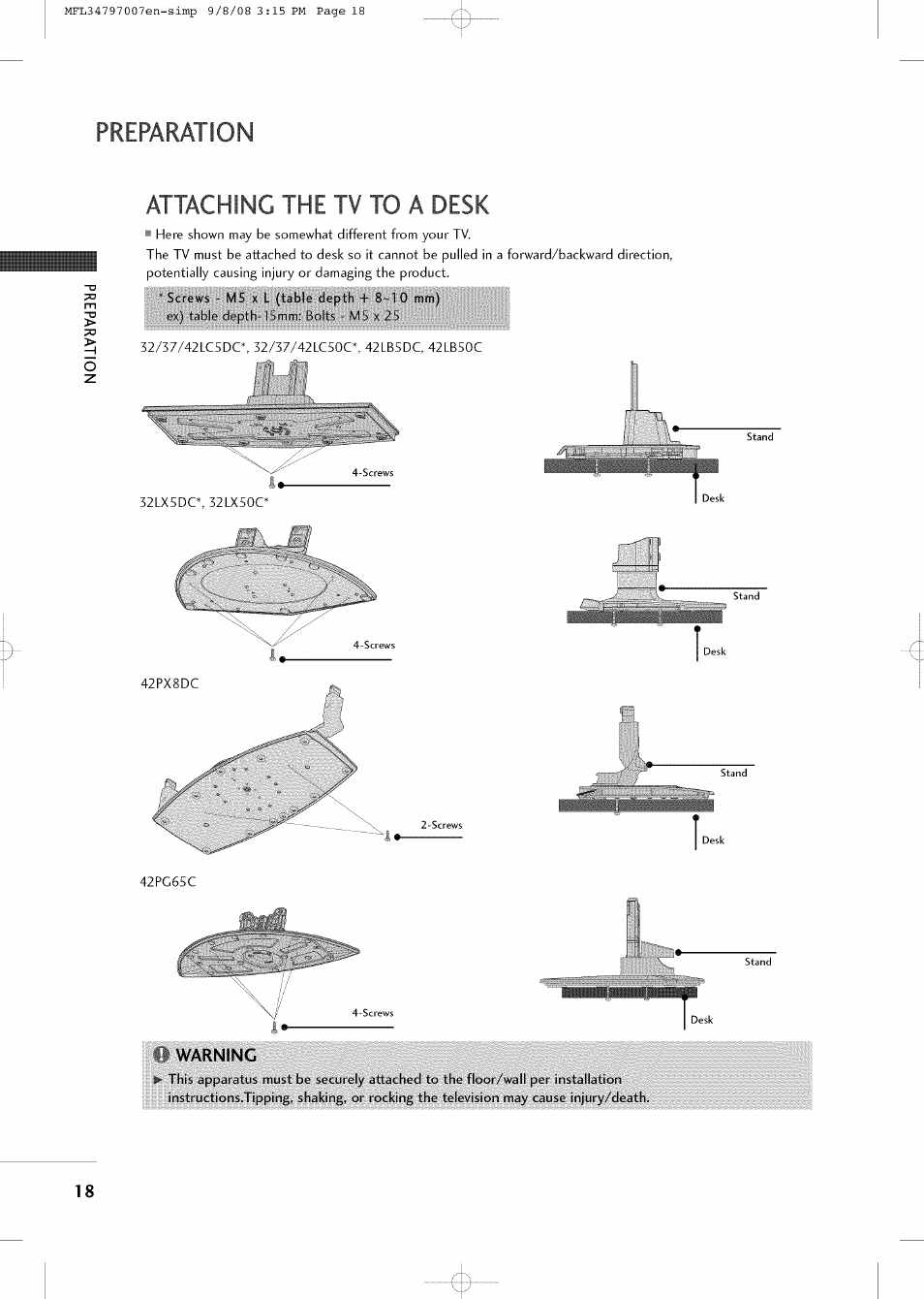 Preparation, Attaching the tv to a desk, Warning | Attaching the tv to a wall | LG 32LCSDC User Manual | Page 18 / 36