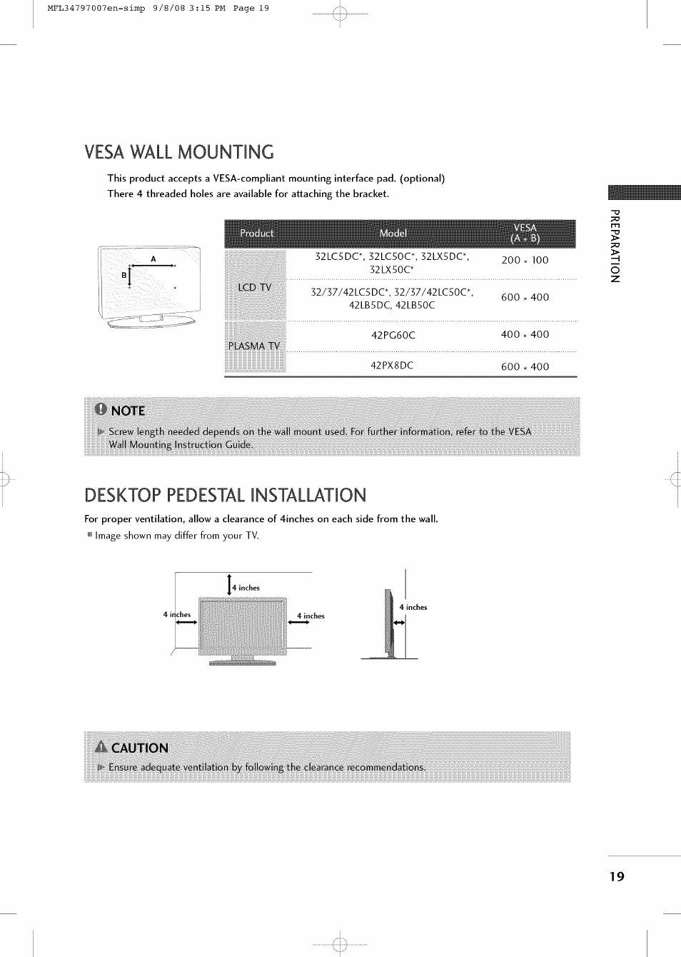 Vesa wall mounting, Note, Desktop pedestal installation | Caution | LG 32LCSDC User Manual | Page 19 / 36