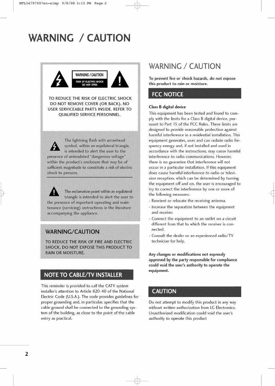 To reduce the risk of electric shock, Warninc/caution, Note to cable/tv installe | Fcc notice, Class b digital device, Cautio, Warning / caution | LG 32LCSDC User Manual | Page 2 / 36