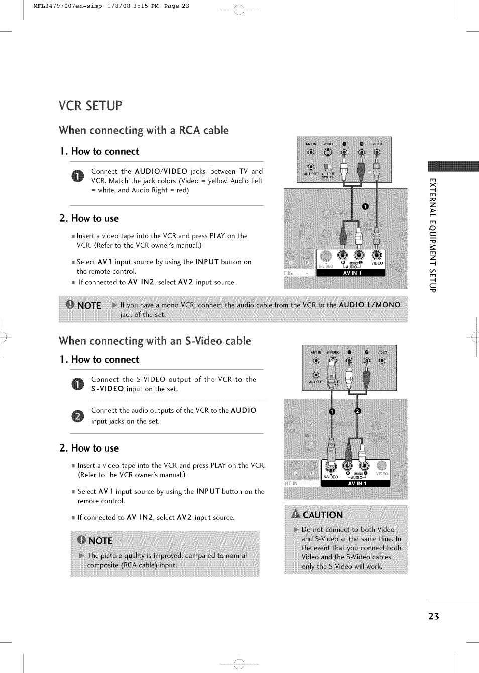 Vcr setup, When connecting with a rca cable 1. how to connect, How to use | Note, When connecting with a rca cable, When connecting with an s-video cable, How to connect, Caution | LG 32LCSDC User Manual | Page 23 / 36
