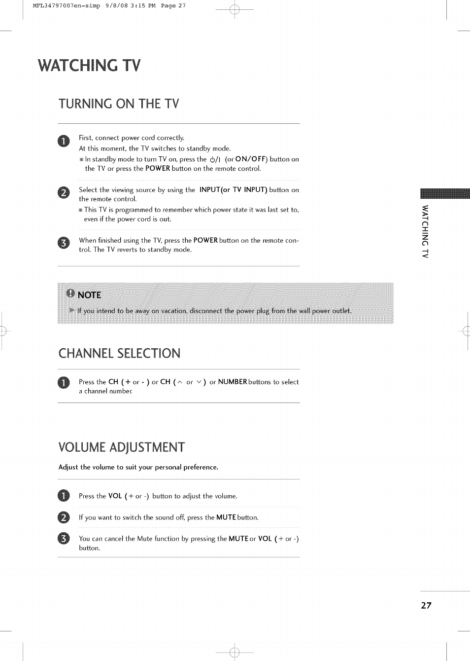 Watching tv, Note, Channel selection | Volume adjustment, Turning on the tv | LG 32LCSDC User Manual | Page 27 / 36