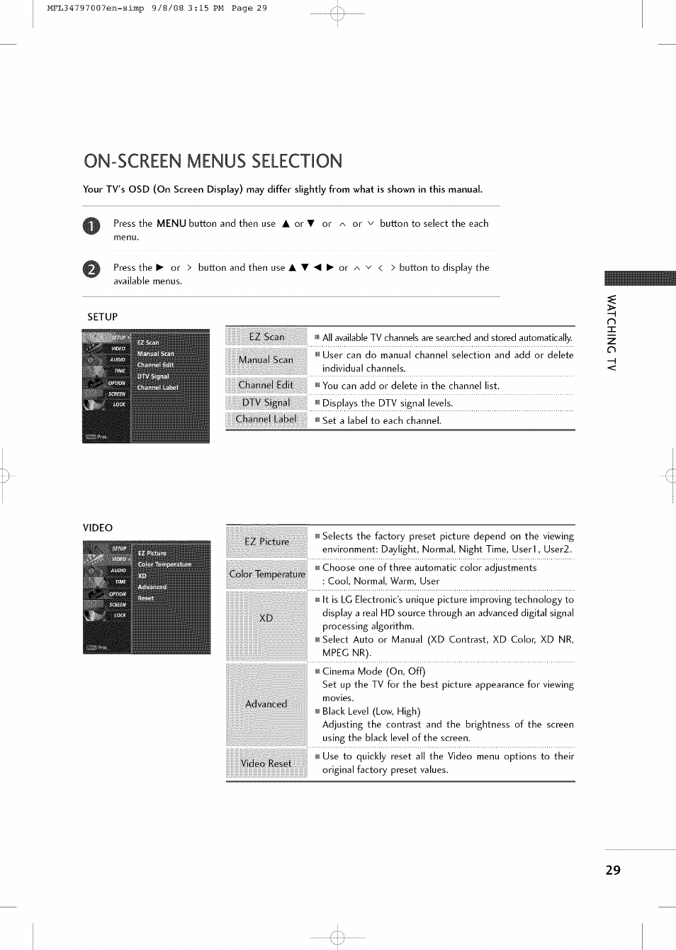 On-screen menus selection | LG 32LCSDC User Manual | Page 29 / 36
