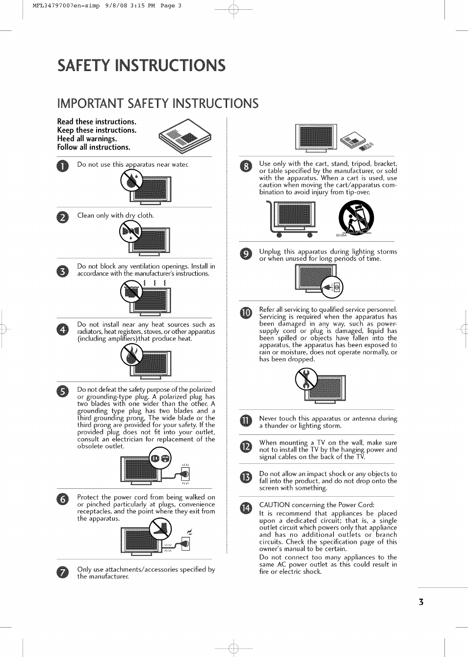 Safety instructions, Important safety instructions | LG 32LCSDC User Manual | Page 3 / 36
