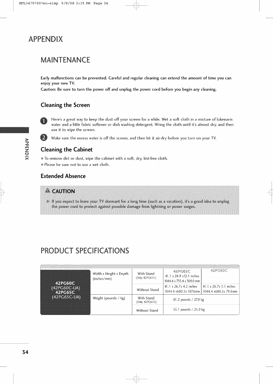 Appendix, Maintenance, Cleaning the screen | Cleaning the cabinet, Extended absence caution, Product specifications, Appendix maintenance | LG 32LCSDC User Manual | Page 34 / 36
