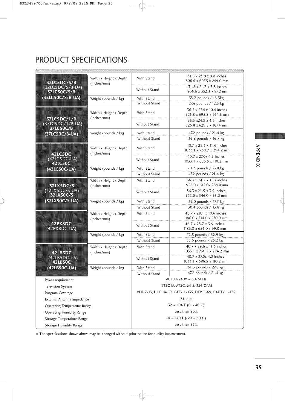 Product specifications | LG 32LCSDC User Manual | Page 35 / 36