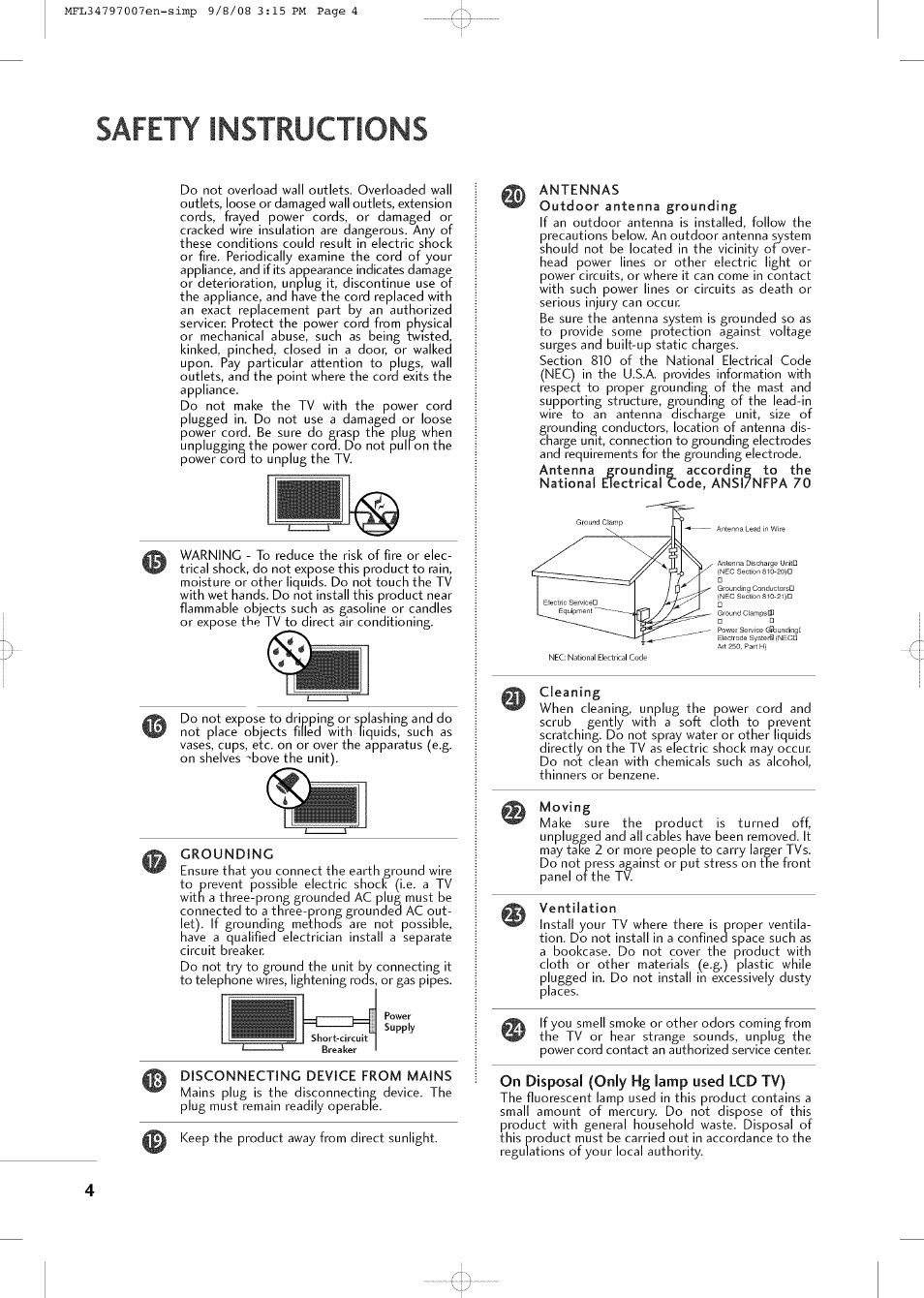 Safety instructions, Grounding, Disconnecting device from mains | Antennas, Cleaning, Moving, Ventilation, On disposal (only hg lamp used lcd tv) | LG 32LCSDC User Manual | Page 4 / 36