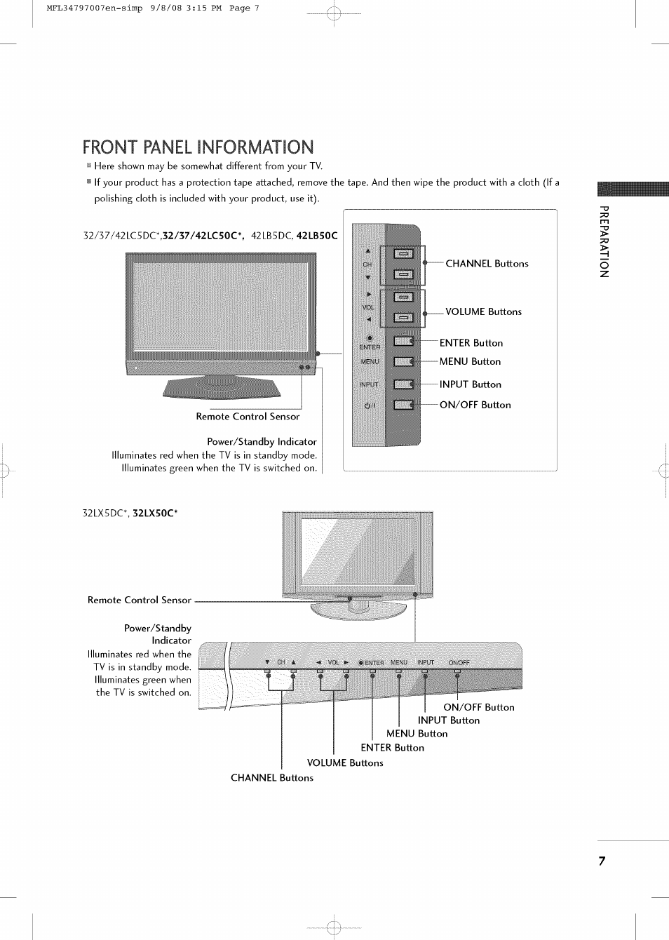 Front panel information | LG 32LCSDC User Manual | Page 7 / 36
