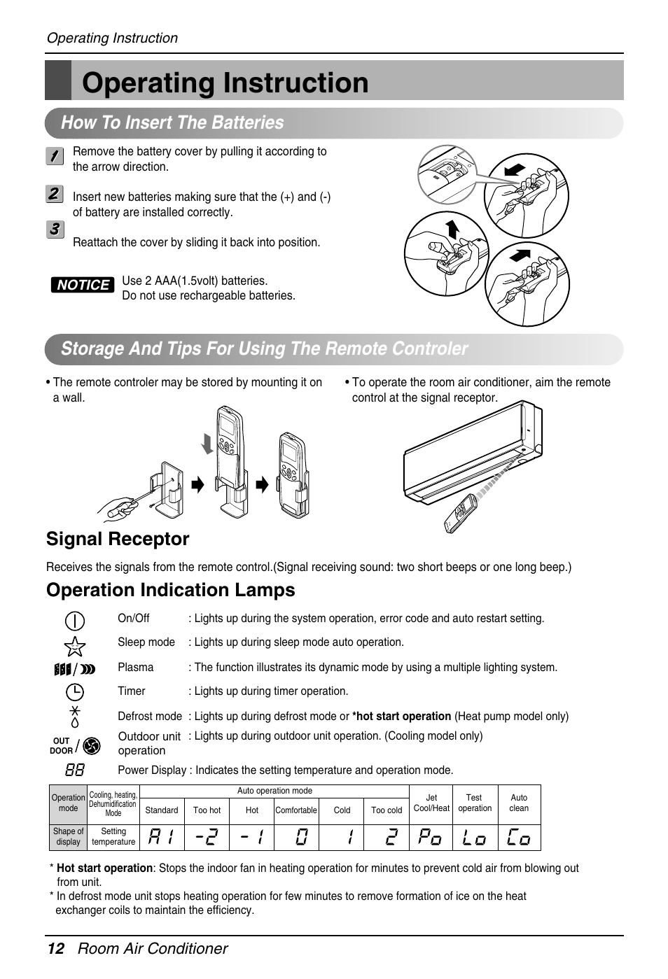 How to insert the batteries, Operation indication lamps, 12 room air conditioner | Operating instruction, Notice | LG EN 61000-2 User Manual | Page 12 / 29