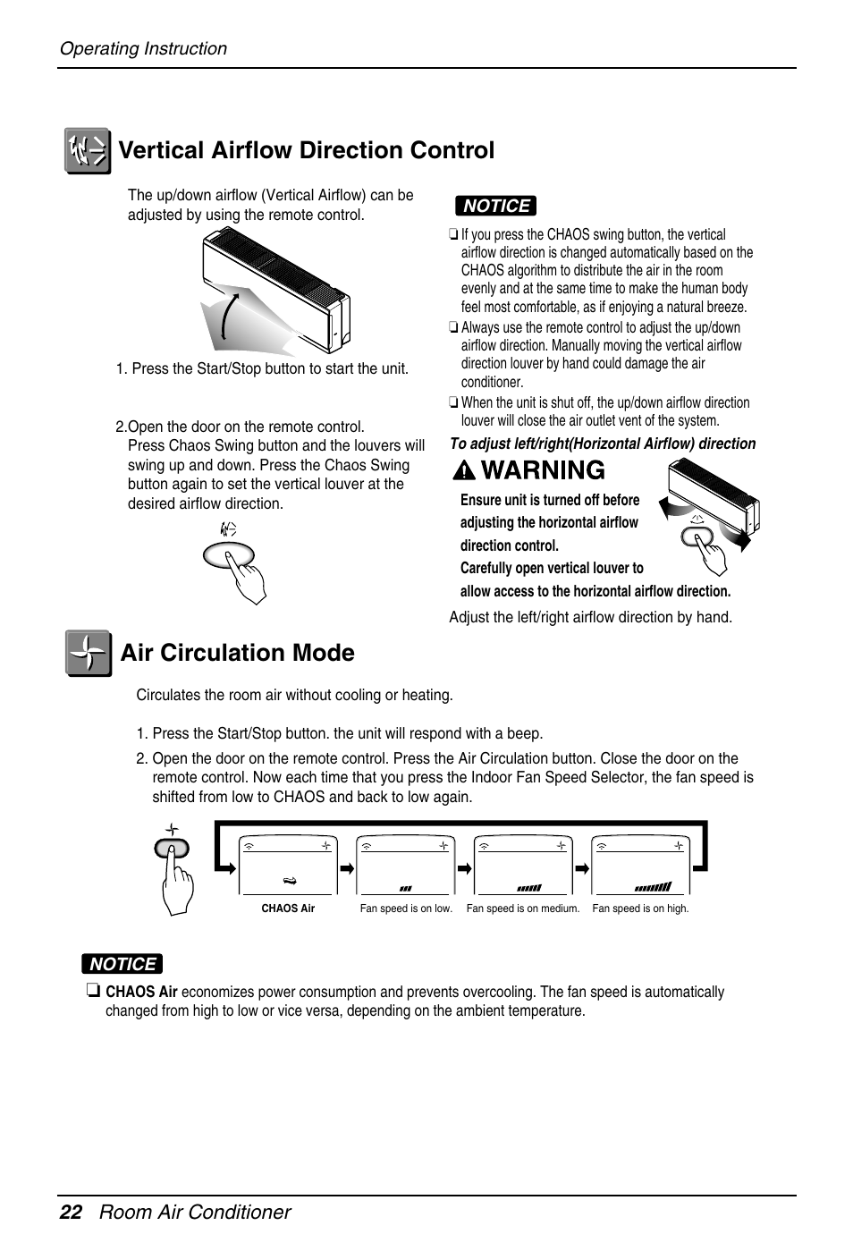 Air circulation mode, Vertical airflow direction control, 22 room air conditioner | LG EN 61000-2 User Manual | Page 22 / 29