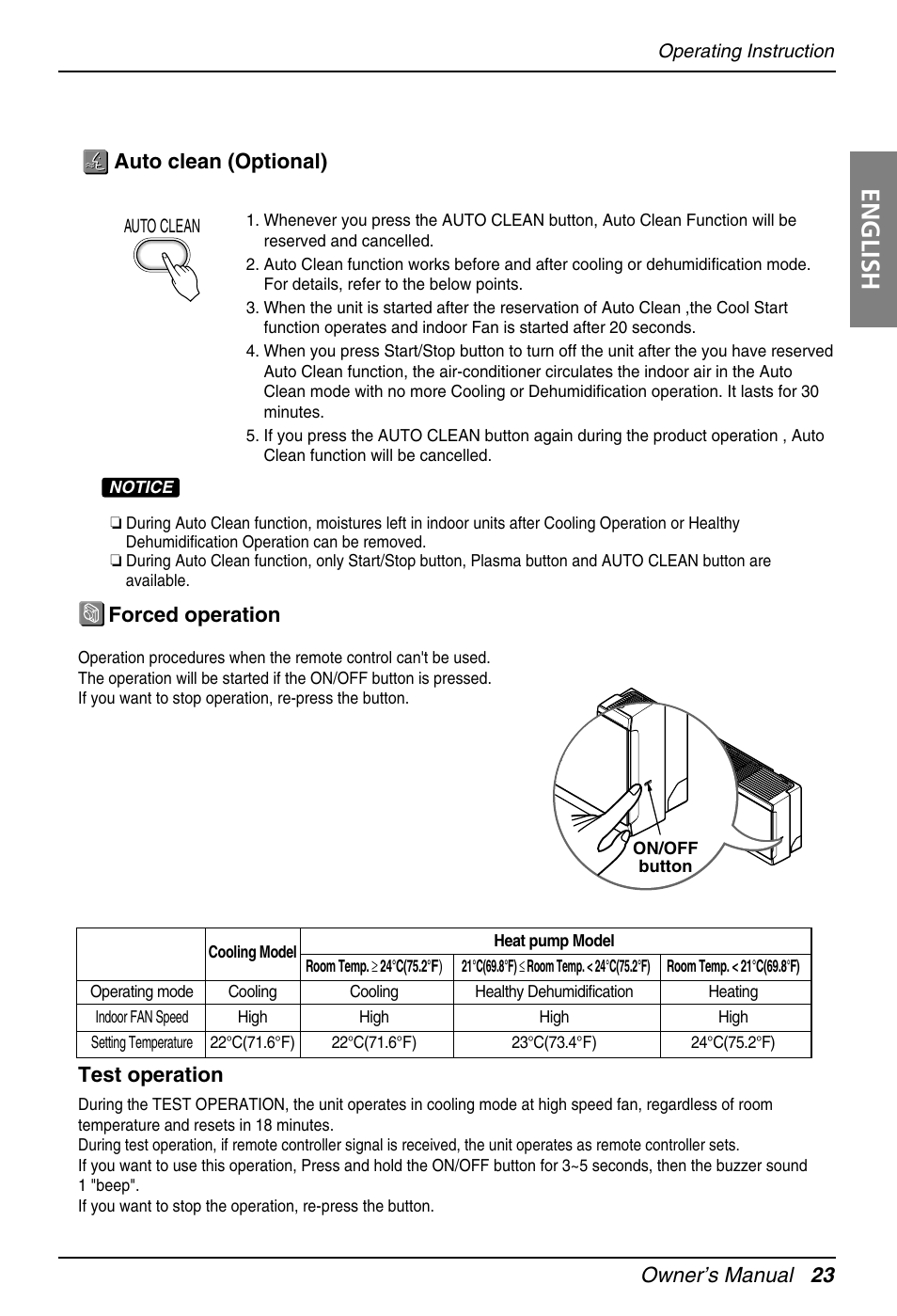 English, Owner’s manual 23, Auto clean (optional) | Forced operation, Test operation | LG EN 61000-2 User Manual | Page 23 / 29