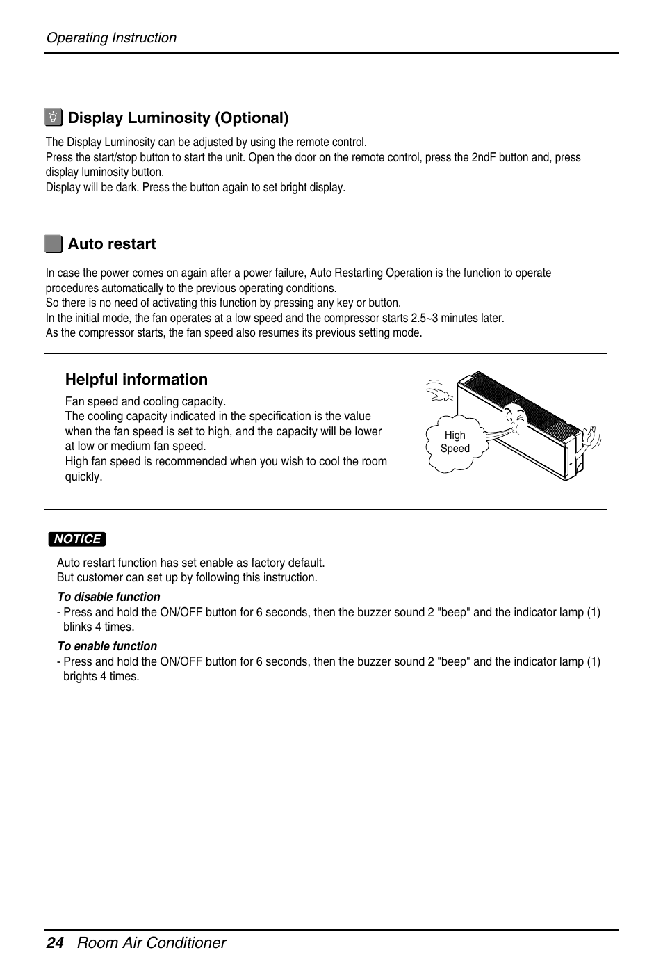 24 room air conditioner, Auto restart display luminosity (optional), Helpful information | LG EN 61000-2 User Manual | Page 24 / 29