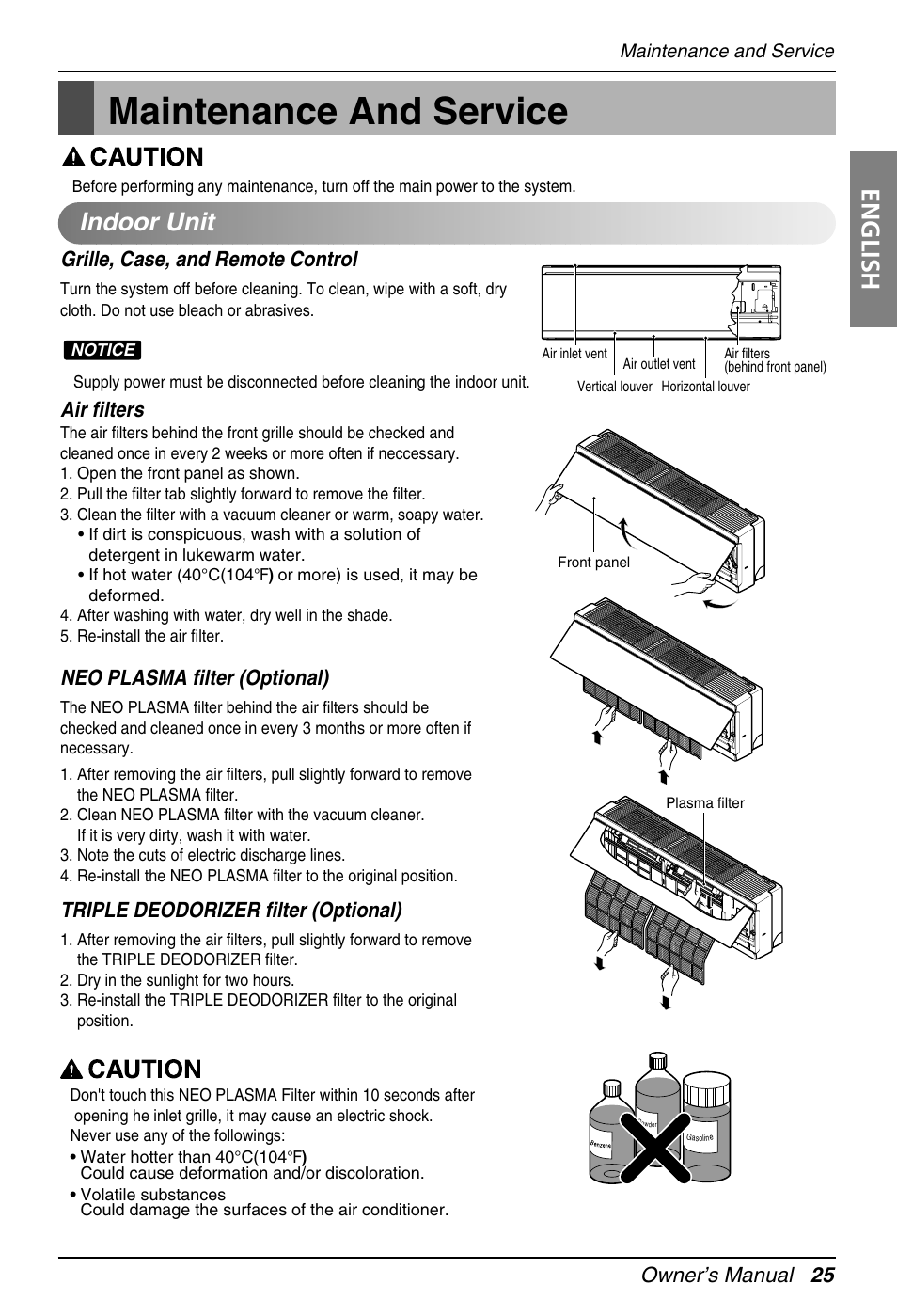 Maintenance and service, English, Indoor unit | Owner’s manual 25, Grille, case, and remote control, Air filters, Neo plasma filter (optional), Triple deodorizer filter (optional) | LG EN 61000-2 User Manual | Page 25 / 29