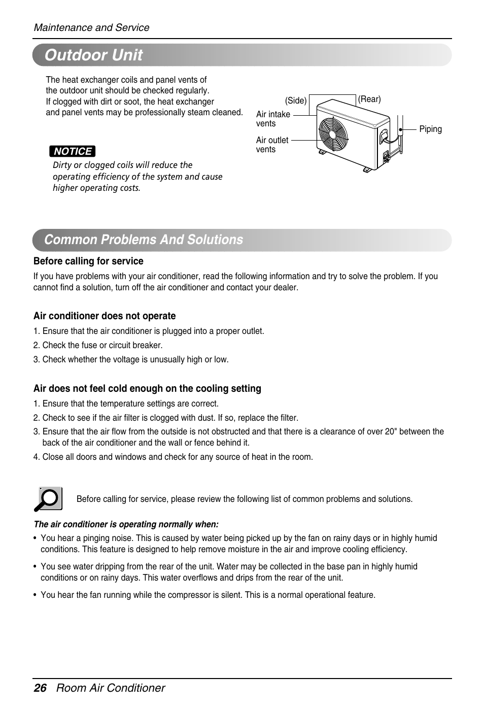Outdoor unit, Common problems and solutions, 26 room air conditioner | LG EN 61000-2 User Manual | Page 26 / 29