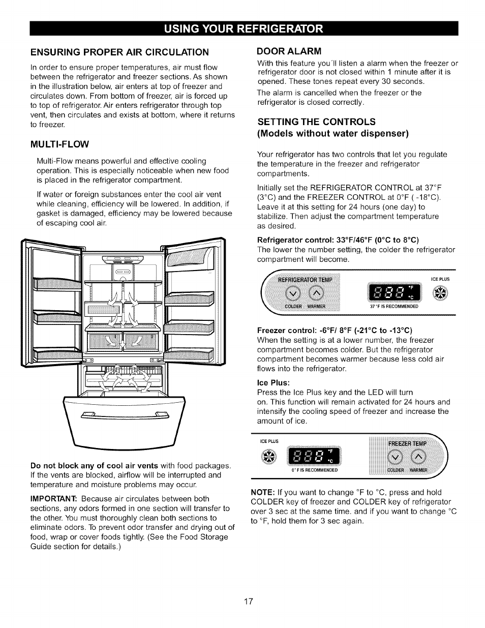 Ensuring proper air circulation, Multi-flow, Door alarm | Using your refrigerator | LG LFC22760 User Manual | Page 17 / 35